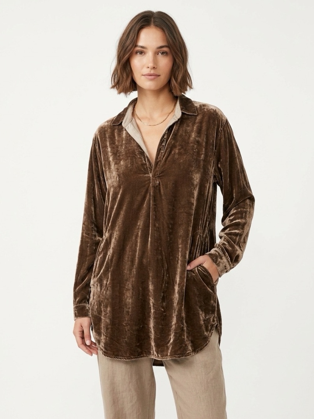 CP Shades Tunic Long Sleeve Silk Blend Crushed Velvet Brown L